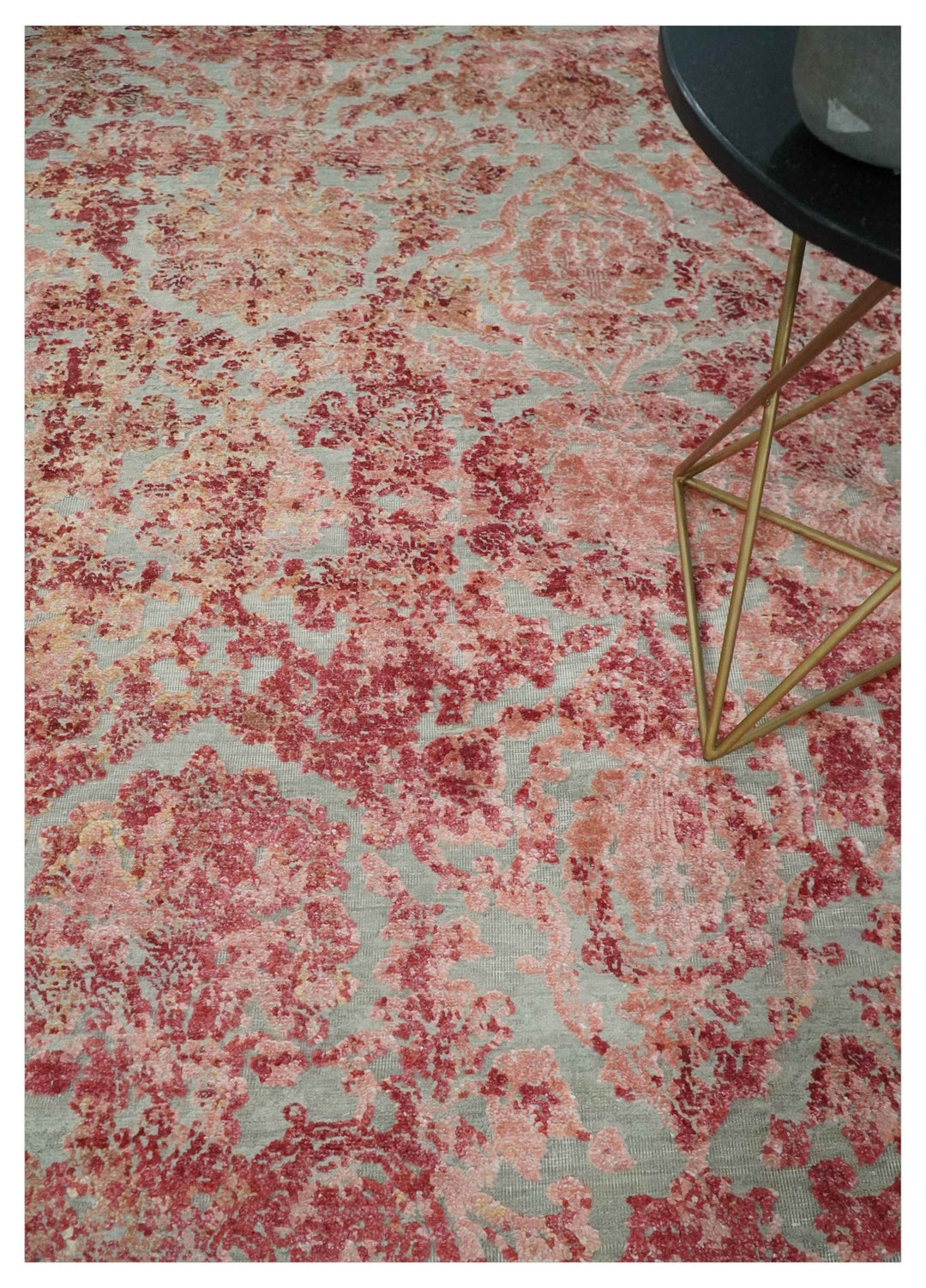 9x12 Hand Knotted Red and Pink Modern Carved Pattern Antique Wool and Silk Area Rug - The Rug Decor