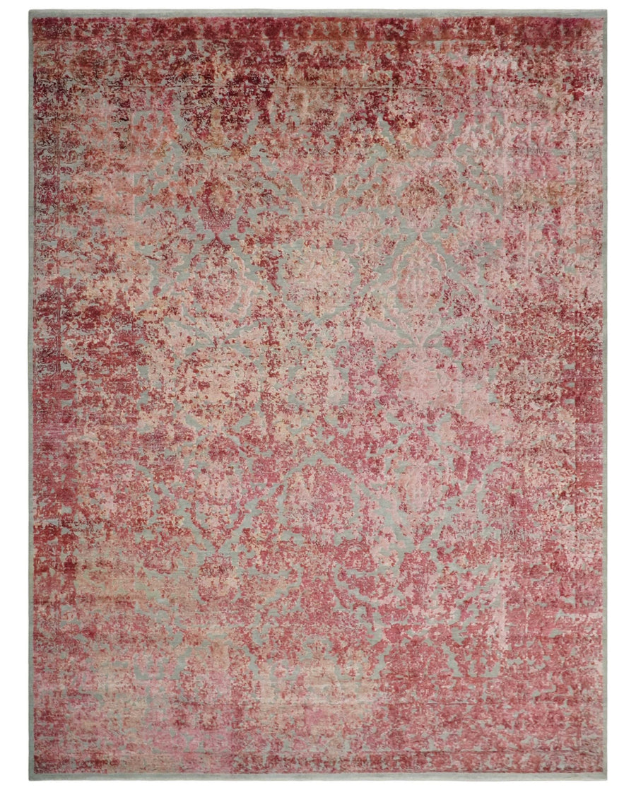 9x12 Hand Knotted Red and Pink Modern Carved Pattern Antique Wool and Silk Area Rug - The Rug Decor