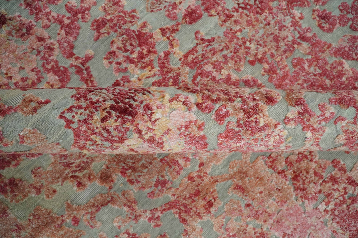 9x12 Hand Knotted Red and Pink Modern Carved Pattern Antique Wool and Silk Area Rug - The Rug Decor