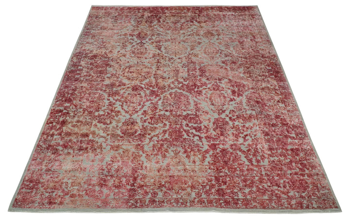 9x12 Hand Knotted Red and Pink Modern Carved Pattern Antique Wool and Silk Area Rug - The Rug Decor