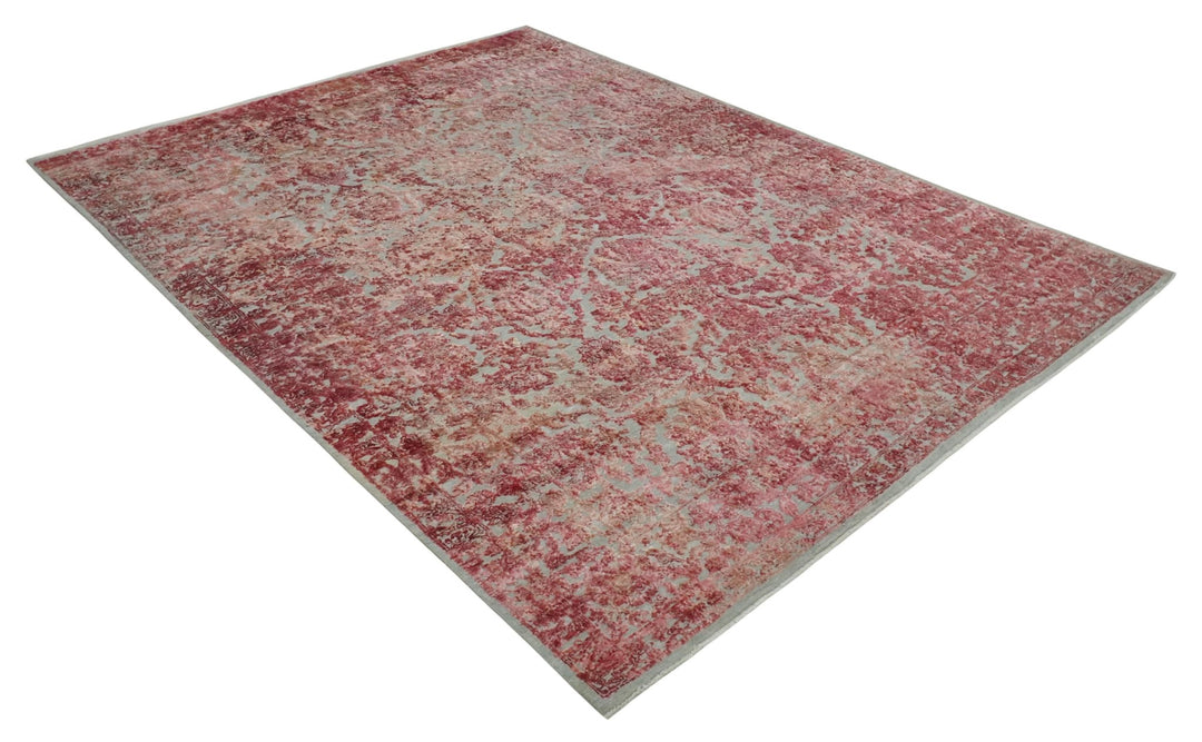 9x12 Hand Knotted Red and Pink Modern Carved Pattern Antique Wool and Silk Area Rug - The Rug Decor