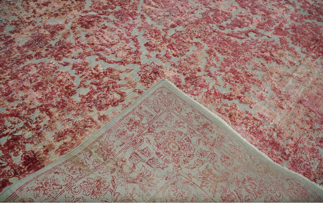 9x12 Hand Knotted Red and Pink Modern Carved Pattern Antique Wool and Silk Area Rug - The Rug Decor