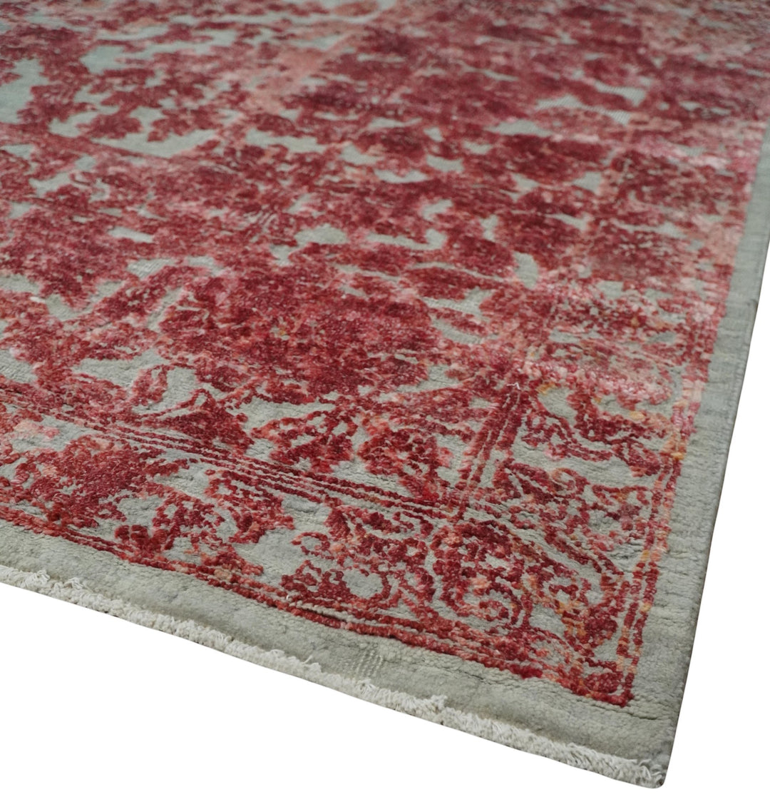 9x12 Hand Knotted Red and Pink Modern Carved Pattern Antique Wool and Silk Area Rug - The Rug Decor