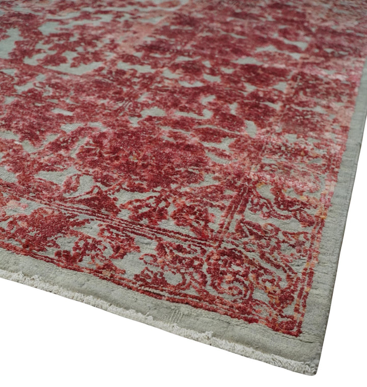 9x12 Hand Knotted Red and Pink Modern Carved Pattern Antique Wool and Silk Area Rug - The Rug Decor