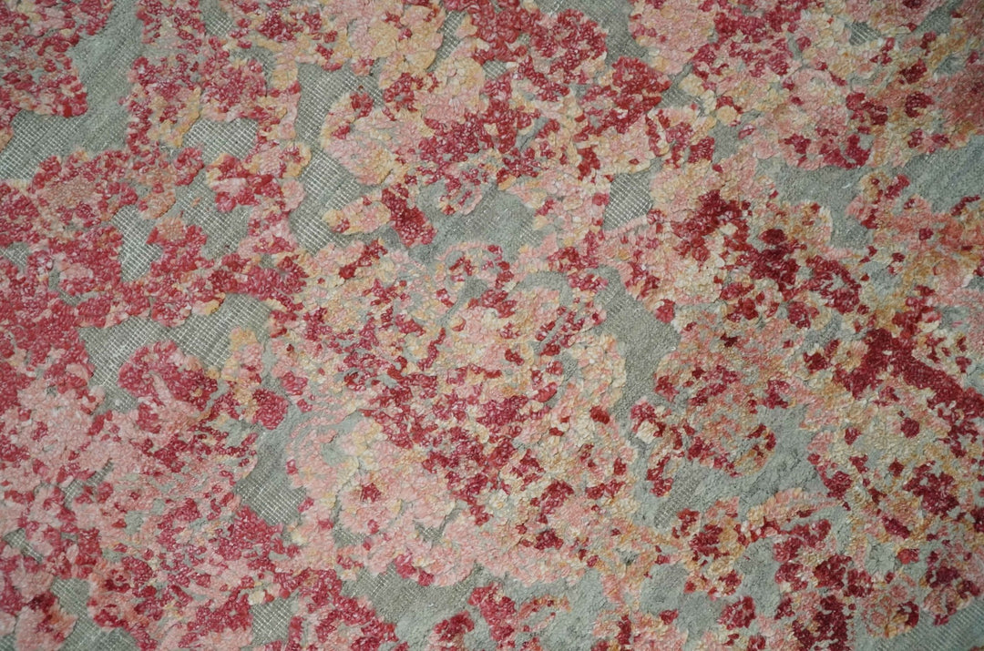 9x12 Hand Knotted Red and Pink Modern Carved Pattern Antique Wool and Silk Area Rug - The Rug Decor