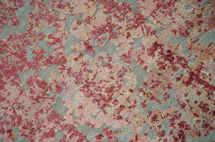 9x12 Hand Knotted Red and Pink Modern Carved Pattern Antique Wool and Silk Area Rug - The Rug Decor