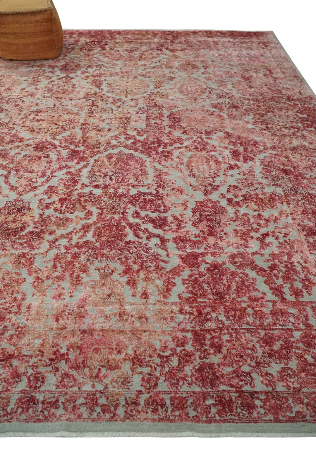 9x12 Hand Knotted Red and Pink Modern Carved Pattern Antique Wool and Silk Area Rug - The Rug Decor