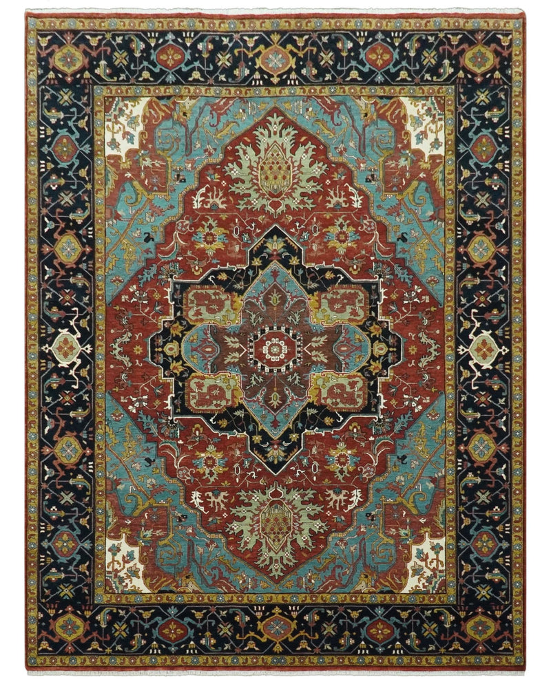 9x12 Hand Knotted Rust, Aqua and Blue Traditional Heriz Vintage Style Wool Rug - The Rug Decor