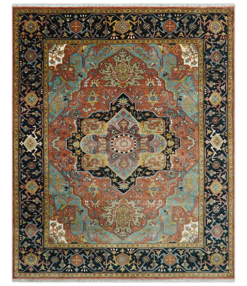 9x12 Hand Knotted Rust, Aqua and Blue Traditional Heriz Vintage Style Wool Rug - The Rug Decor