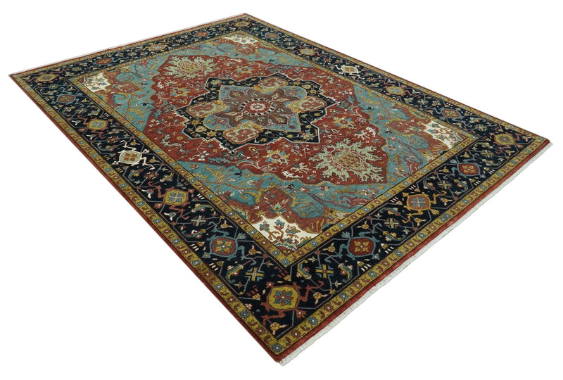 9x12 Hand Knotted Rust, Aqua and Blue Traditional Heriz Vintage Style Wool Rug - The Rug Decor