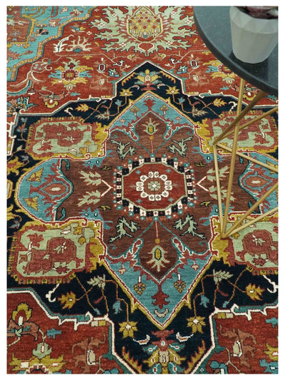 9x12 Hand Knotted Rust, Aqua and Blue Traditional Heriz Vintage Style Wool Rug - The Rug Decor