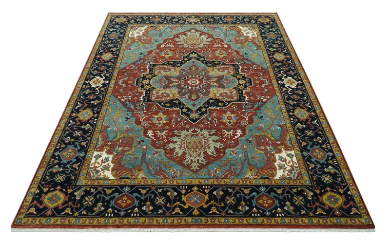 9x12 Hand Knotted Rust, Aqua and Blue Traditional Heriz Vintage Style Wool Rug - The Rug Decor