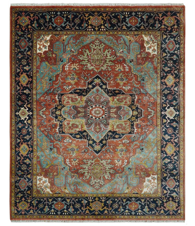 9x12 Hand Knotted Rust, Aqua and Blue Traditional Heriz Vintage Style Wool Rug - The Rug Decor