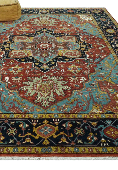 9x12 Hand Knotted Rust, Aqua and Blue Traditional Heriz Vintage Style Wool Rug - The Rug Decor