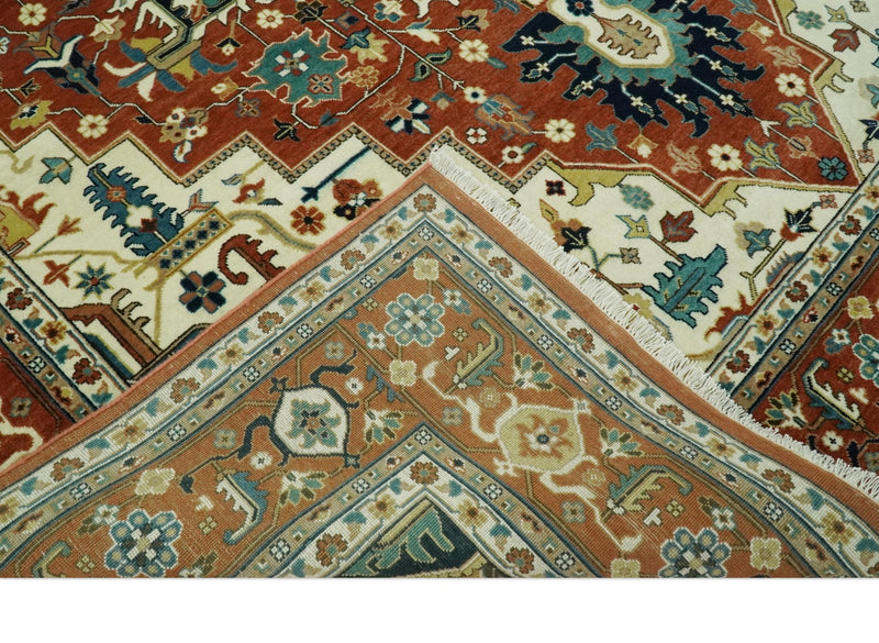 9x12 Rust and Ivory Fine Hand Knotted Traditional Heriz wool area rug - The Rug Decor