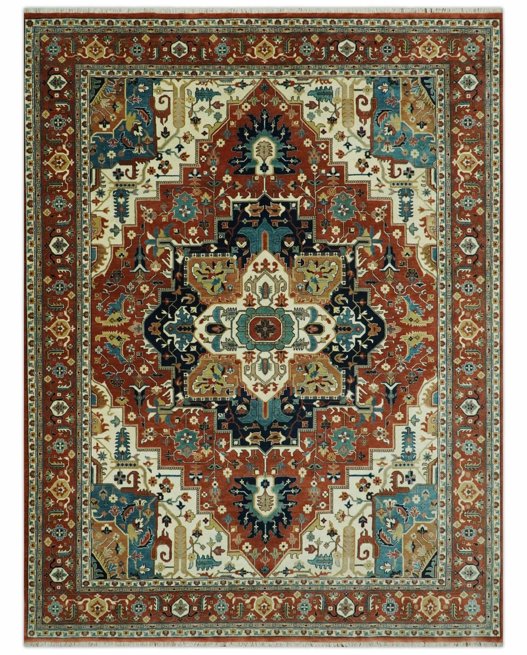 9x12 Rust and Ivory Fine Hand Knotted Traditional Heriz wool area rug - The Rug Decor