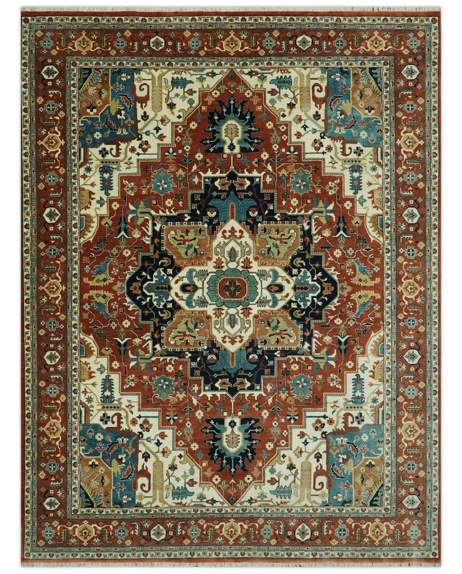 9x12 Rust and Ivory Fine Hand Knotted Traditional Heriz wool area rug - The Rug Decor