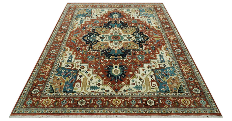 9x12 Rust and Ivory Fine Hand Knotted Traditional Heriz wool area rug - The Rug Decor