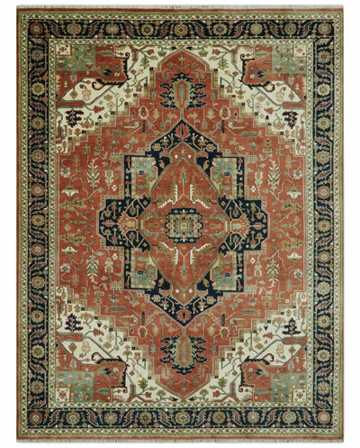 9x12 Rust, Ivory and Blue fine Hand Knotted Traditional Heriz wool area rug - The Rug Decor