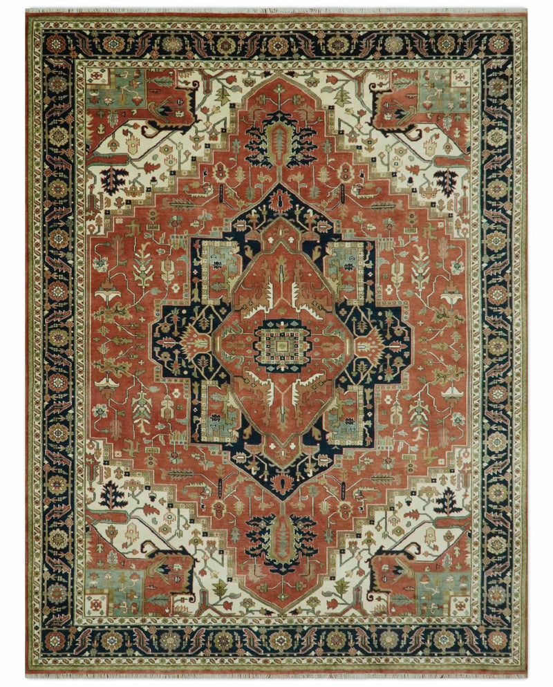 9x12 Rust, Ivory and Blue fine Hand Knotted Traditional Heriz wool area rug - The Rug Decor