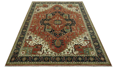 9x12 Rust, Ivory and Blue fine Hand Knotted Traditional Heriz wool area rug - The Rug Decor