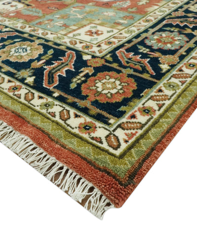 9x12 Rust, Ivory and Blue fine Hand Knotted Traditional Heriz wool area rug - The Rug Decor