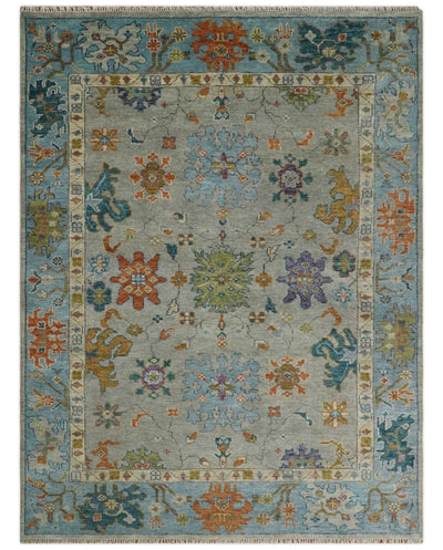 9x12 Vibrant colorful Hand Knotted Gray, Beige and Blue Traditional Oushak Wool Rug - The Rug Decor