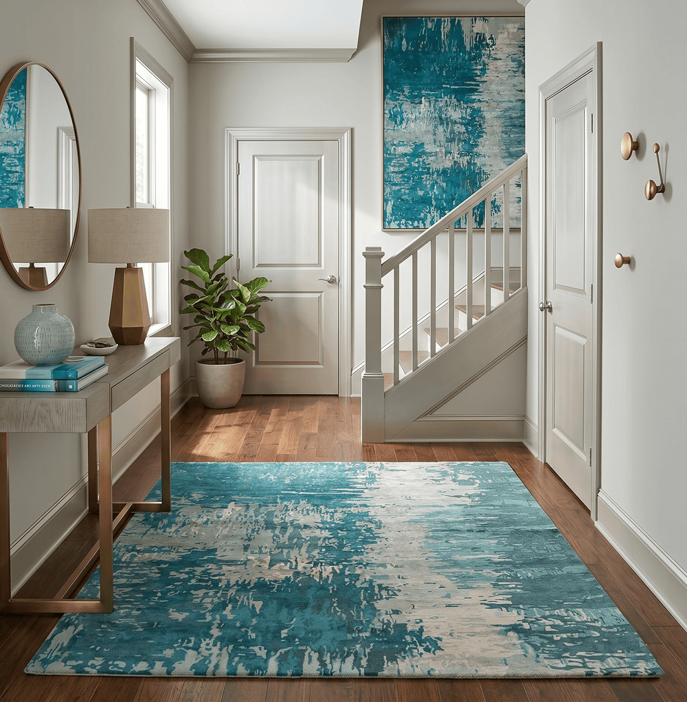 9x9 Square Teal and Beige Modern Abstract Handmade Wool and Art Silk Area Rug - The Rug Decor