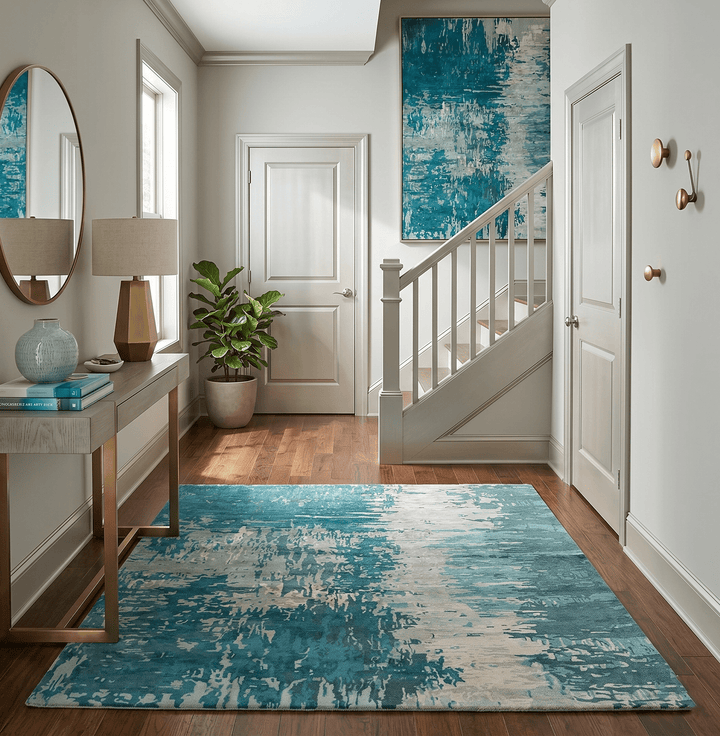 9x9 Square Teal and Beige Modern Abstract Handmade Wool and Art Silk Area Rug - The Rug Decor