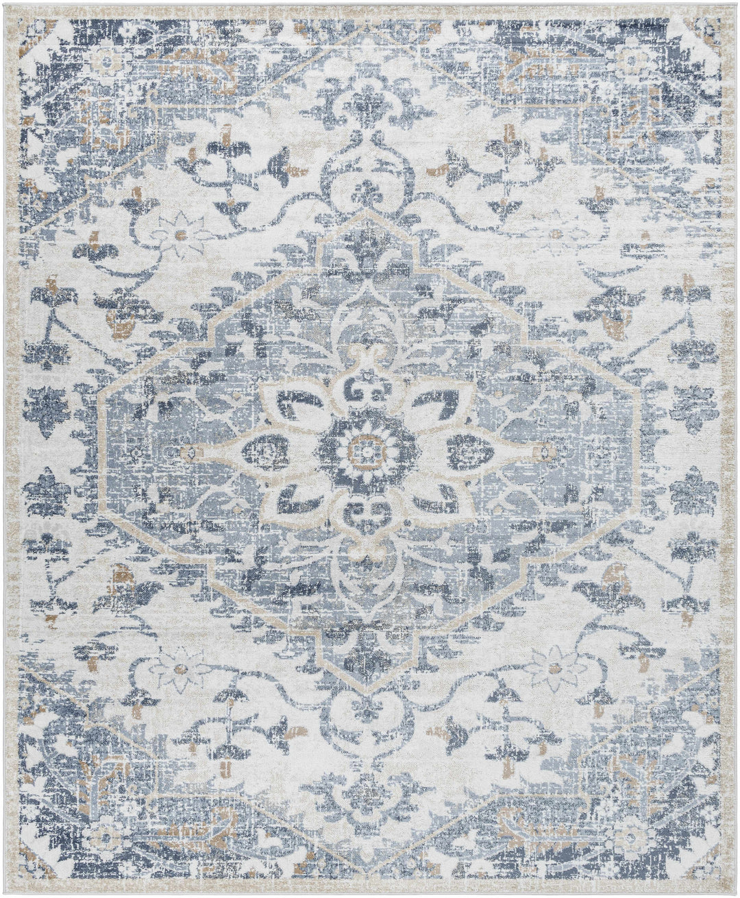 Biggleswade Ivory And Blue Traditional Medallion Design Area Rug
