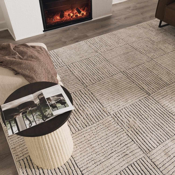 Basira Geometrical Ivory And Black Machine Woven Rug