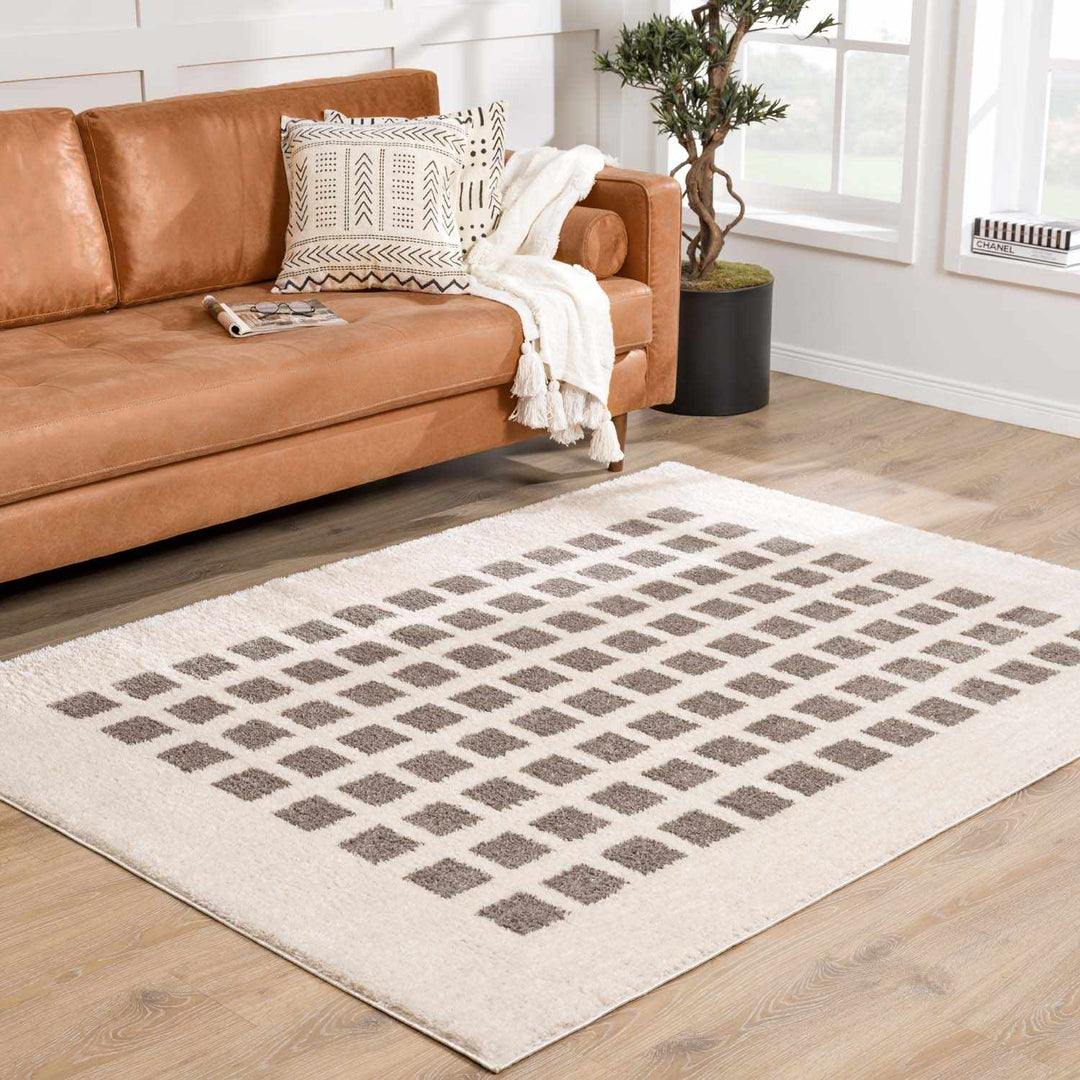 Baback Modern Geometrical Beige And Charcoal Washable Area Rug