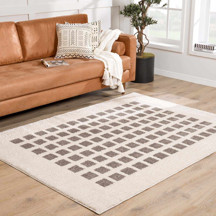 Baback Modern Geometrical Beige And Charcoal Washable Area Rug