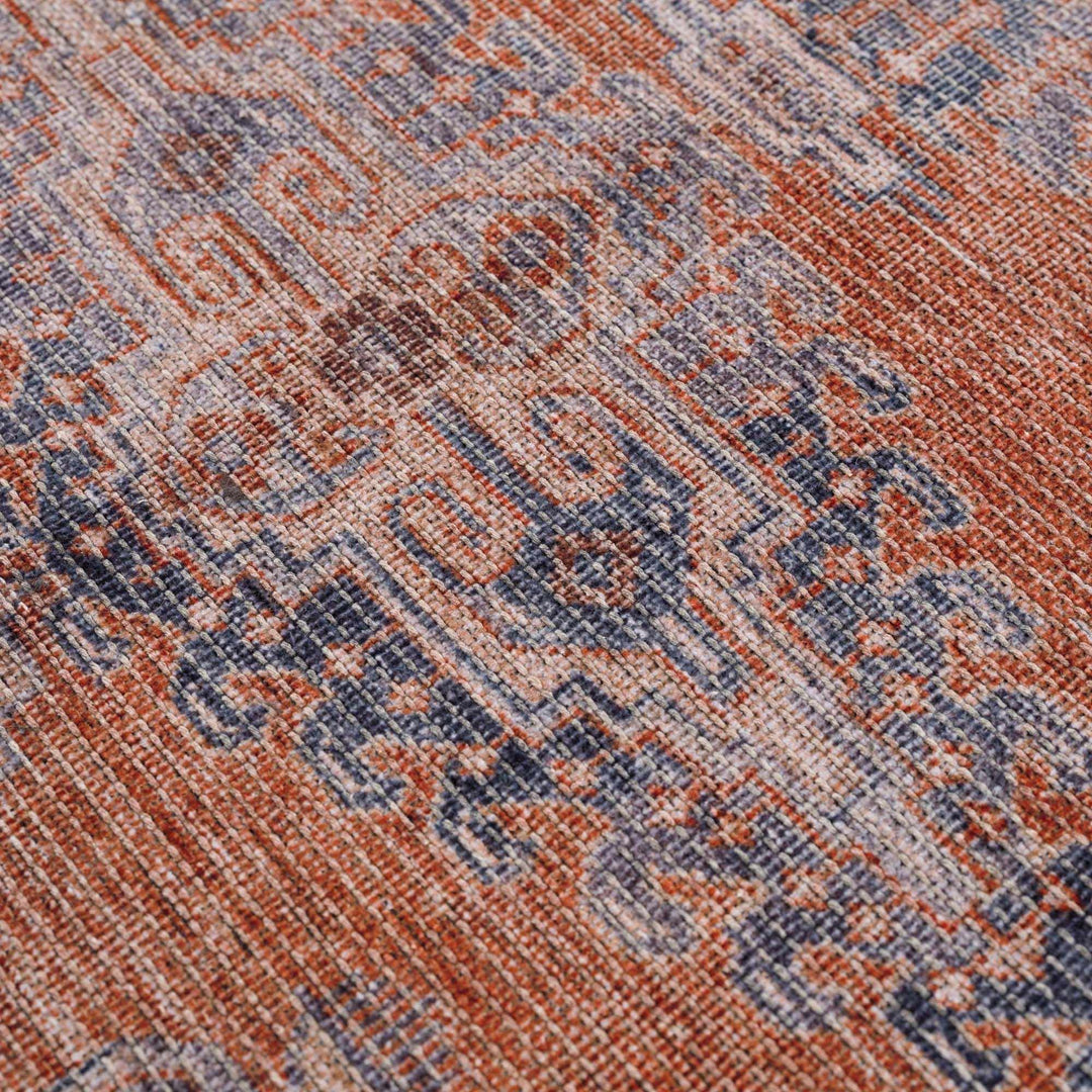 Oriental Persian Rust and Blue Vintage Style Medallion Low pile Washable Area Rug