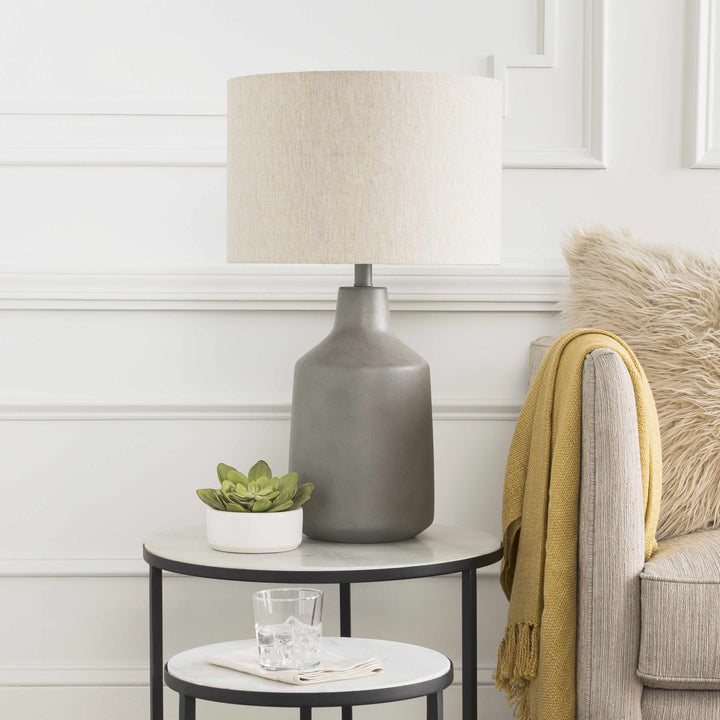 Corella Traditional Gray Concrete Table Lamp – Linen Shade, Resin Base