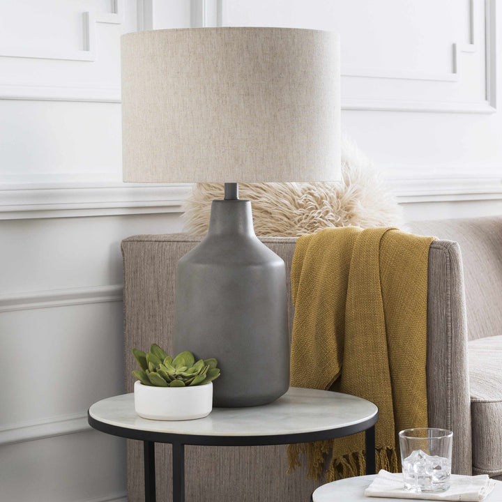 Corella Traditional Gray Concrete Table Lamp – Linen Shade, Resin Base