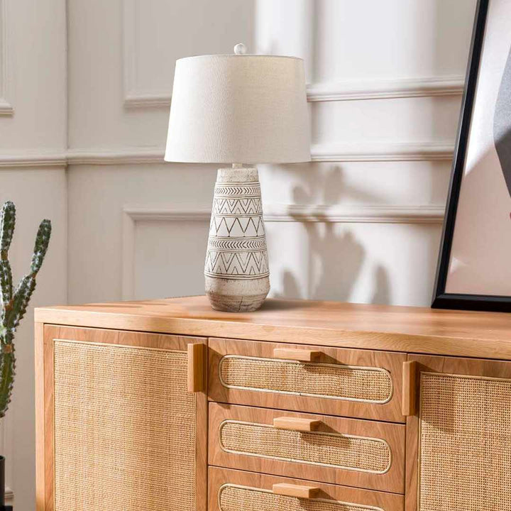 Camaligan Tan & Cream Resin Table Lamp – Transitional Bohemian Accent Lighting with Linen Shade