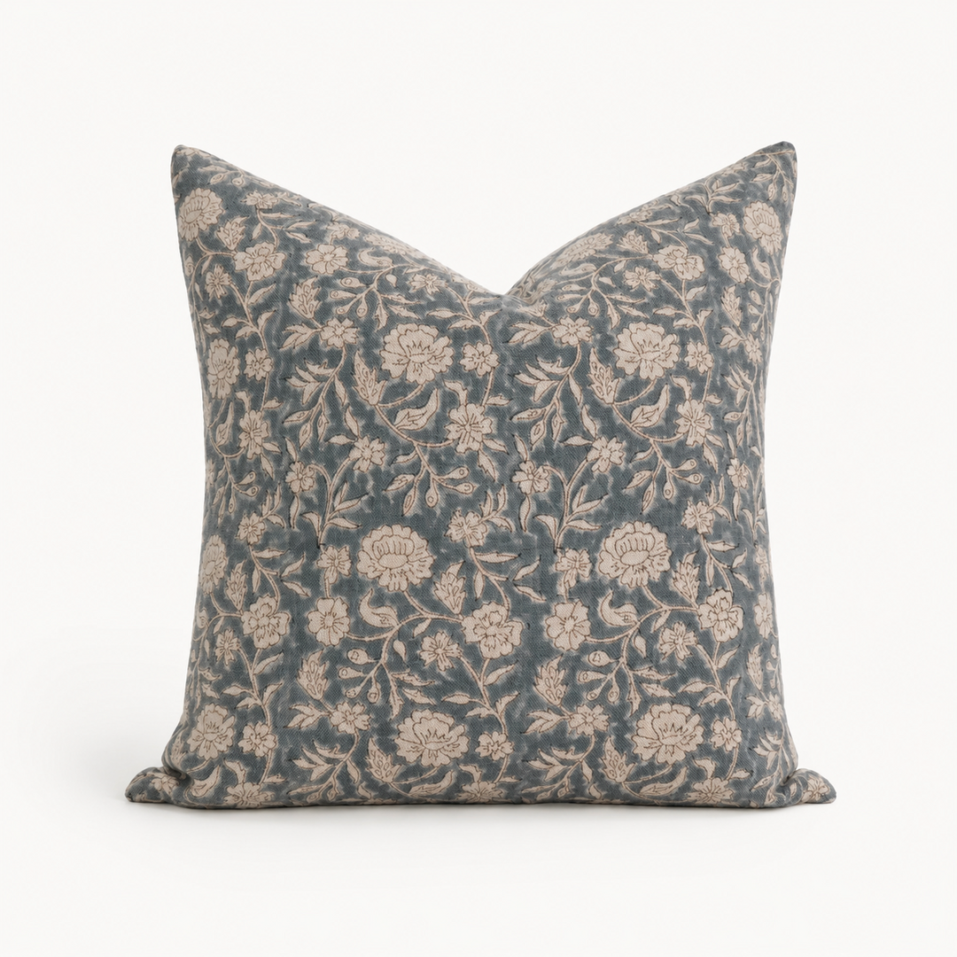 Mabel Hand-Block Floral Linen Pillow Cover