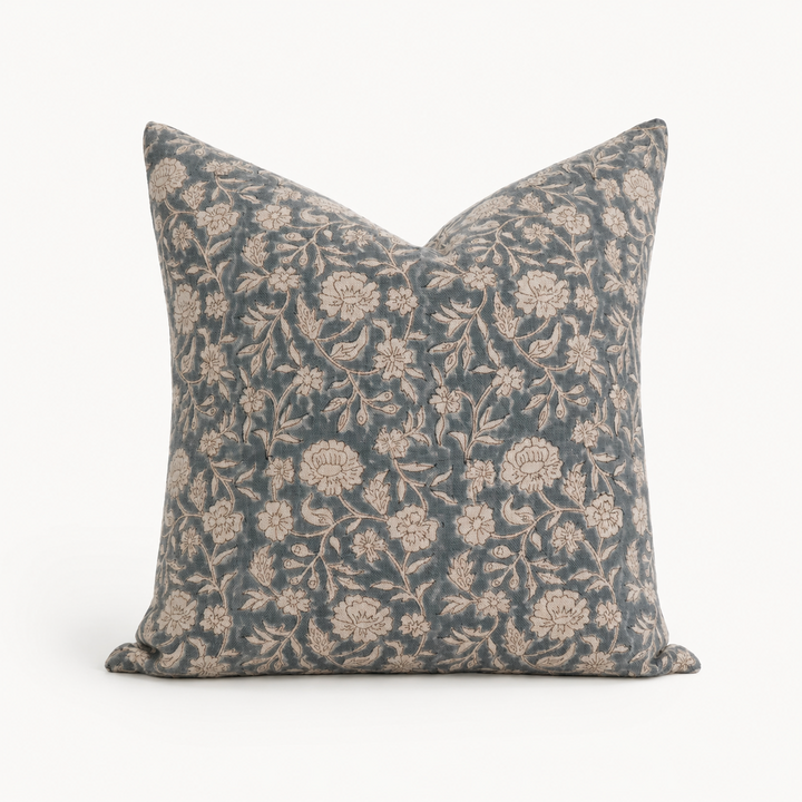Mabel Hand-Block Floral Linen Pillow Cover