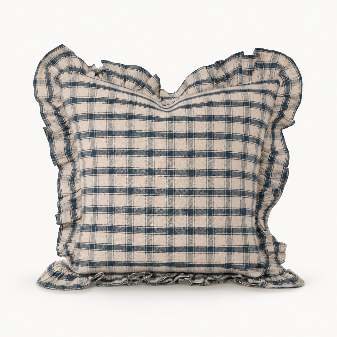 Opal Blue Linen Plaid Ruffle Pillow Cover