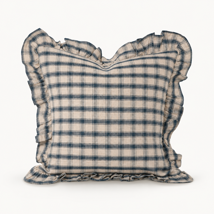 Opal Blue Linen Plaid Ruffle Pillow Cover