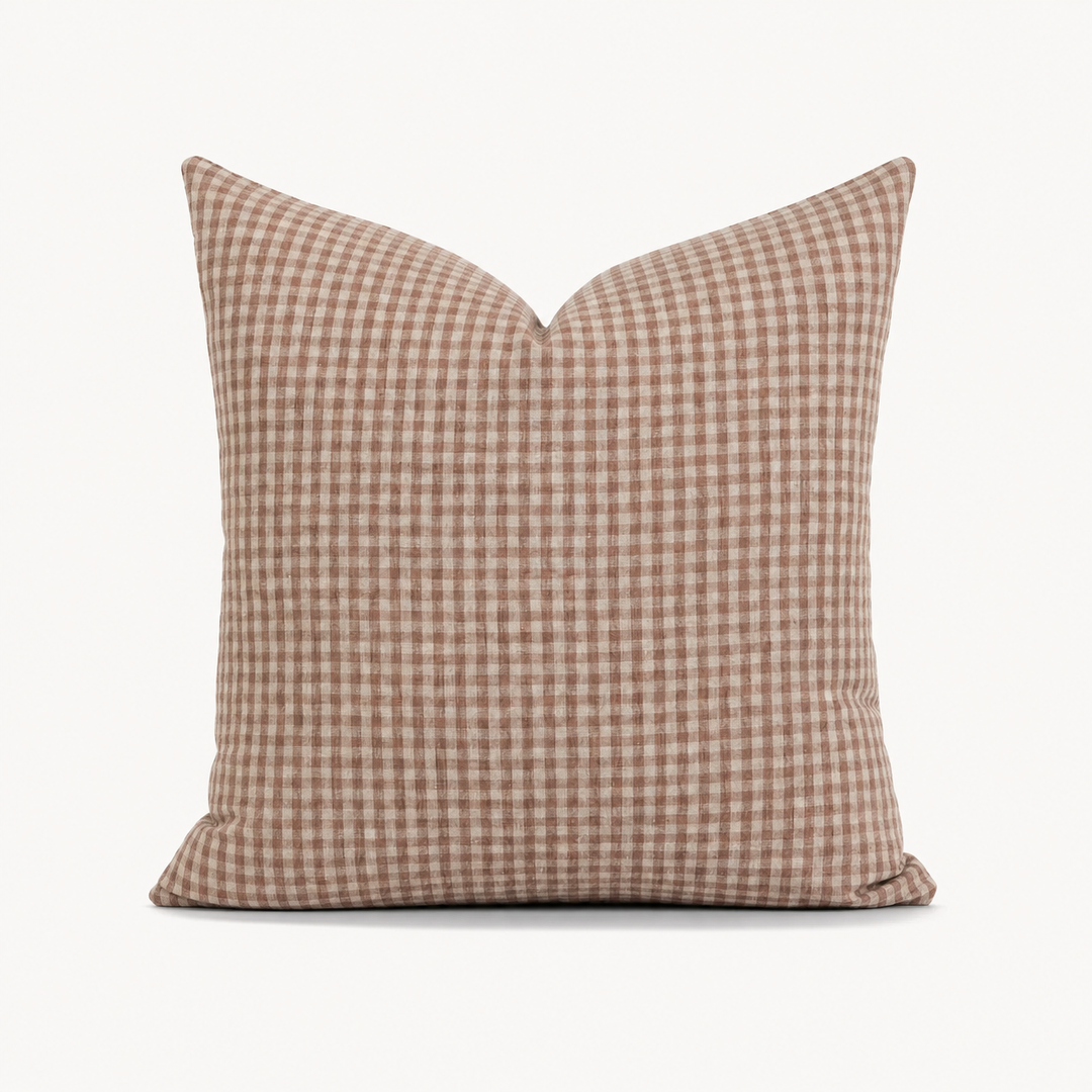 Tan & Cream Gingham Linen Pillow Cover