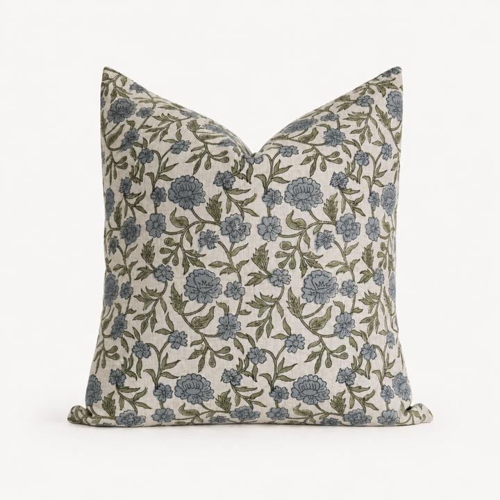 Hattie Hand-Block Floral Linen Pillow Cover