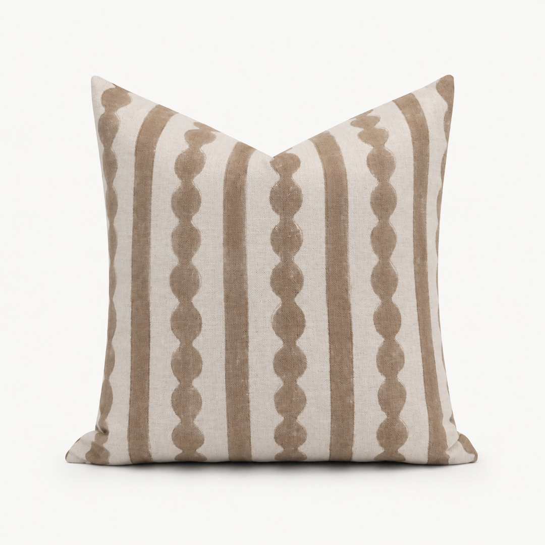 Griffin Hand-Block Tan Stripe Linen Pillow Cover