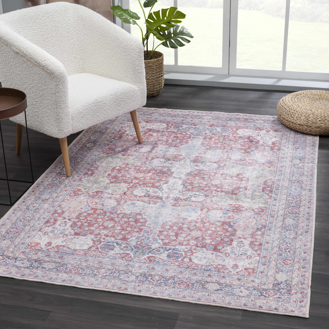 Goma Traditional Style Red And Blue Washable Area Rug
