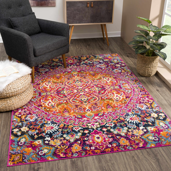 Burnt Traditional Medallion Design Orange & Purple Area Rug