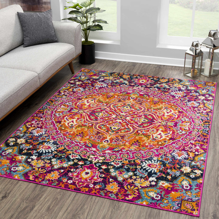 Burnt Traditional Medallion Design Orange & Purple Area Rug