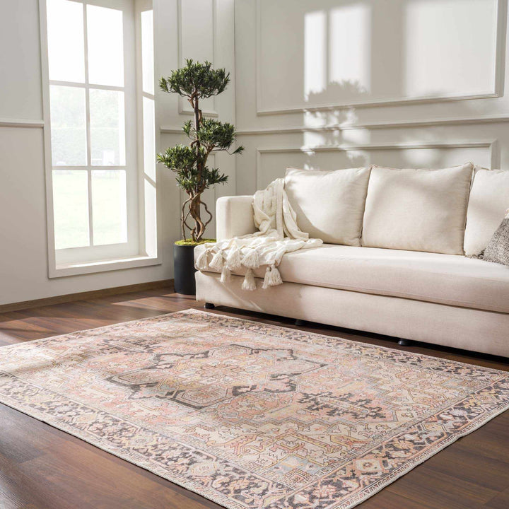 Nadia Peach And Brown Traditional Medallion Design Area Rug