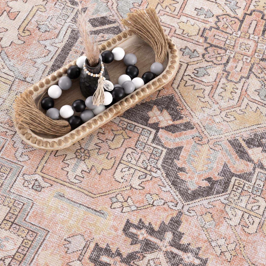 Nadia Peach And Brown Traditional Medallion Design Area Rug