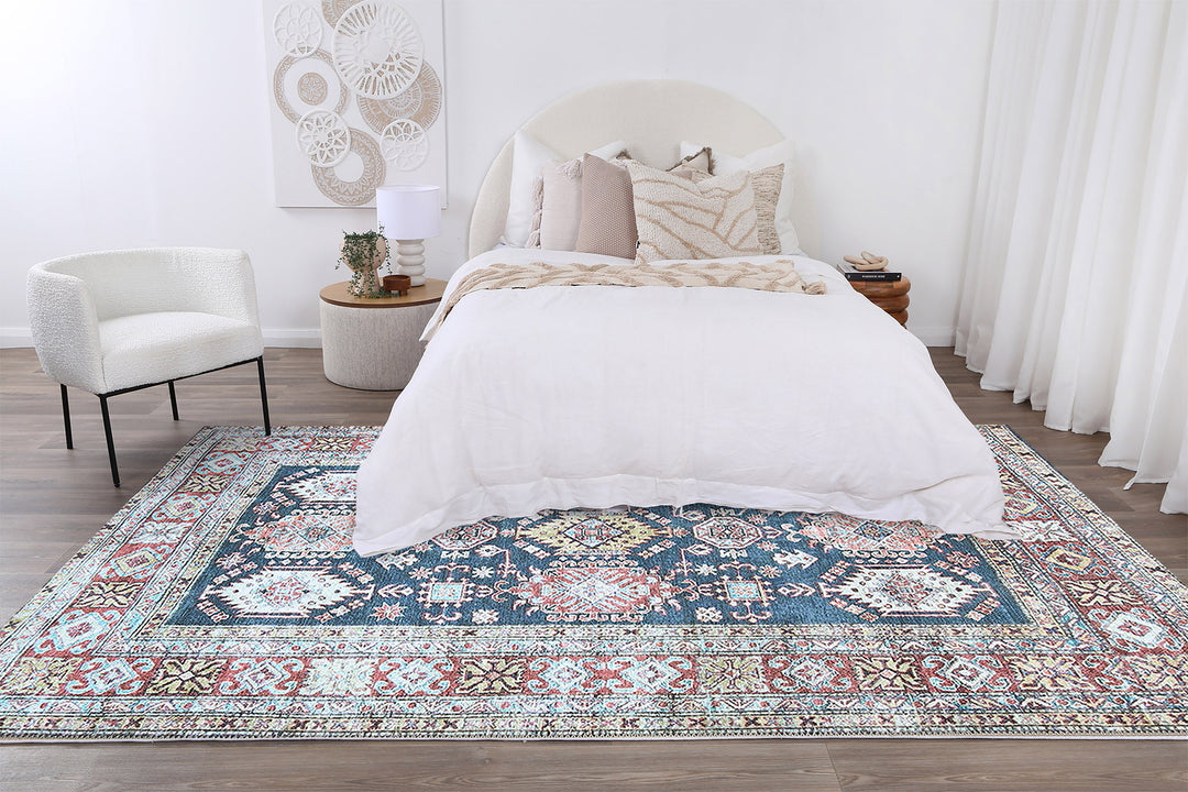 Traditional Machine Washable Blue And Rust Rug